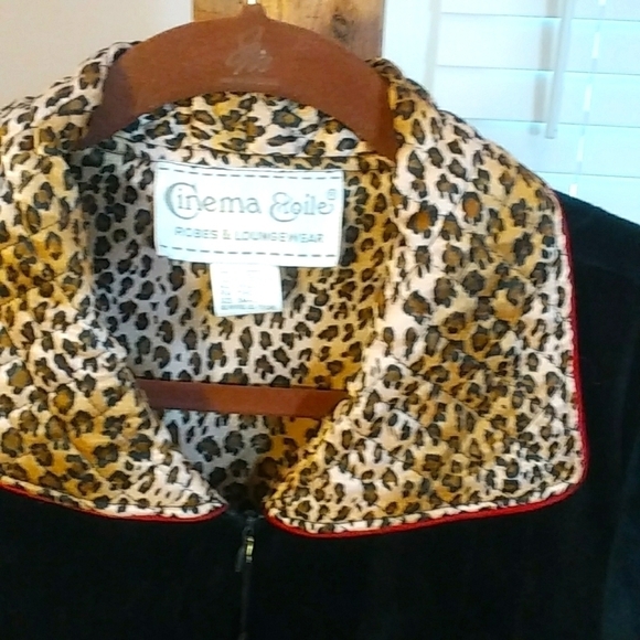 Cinema Etoile Black Velvet Robe Leopard Print Collar Cuffs Zip Tassel Size S - Picture 2 of 9
